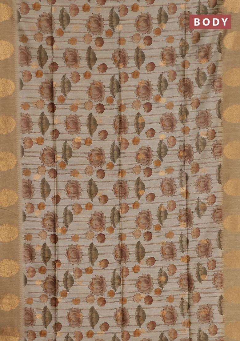Bhagalpuri Tussar Saree Dark Beige With Allover Kalamkari Prints Zari Buttas And Zari Woven Butta Border With Printed Design For Women - Indya