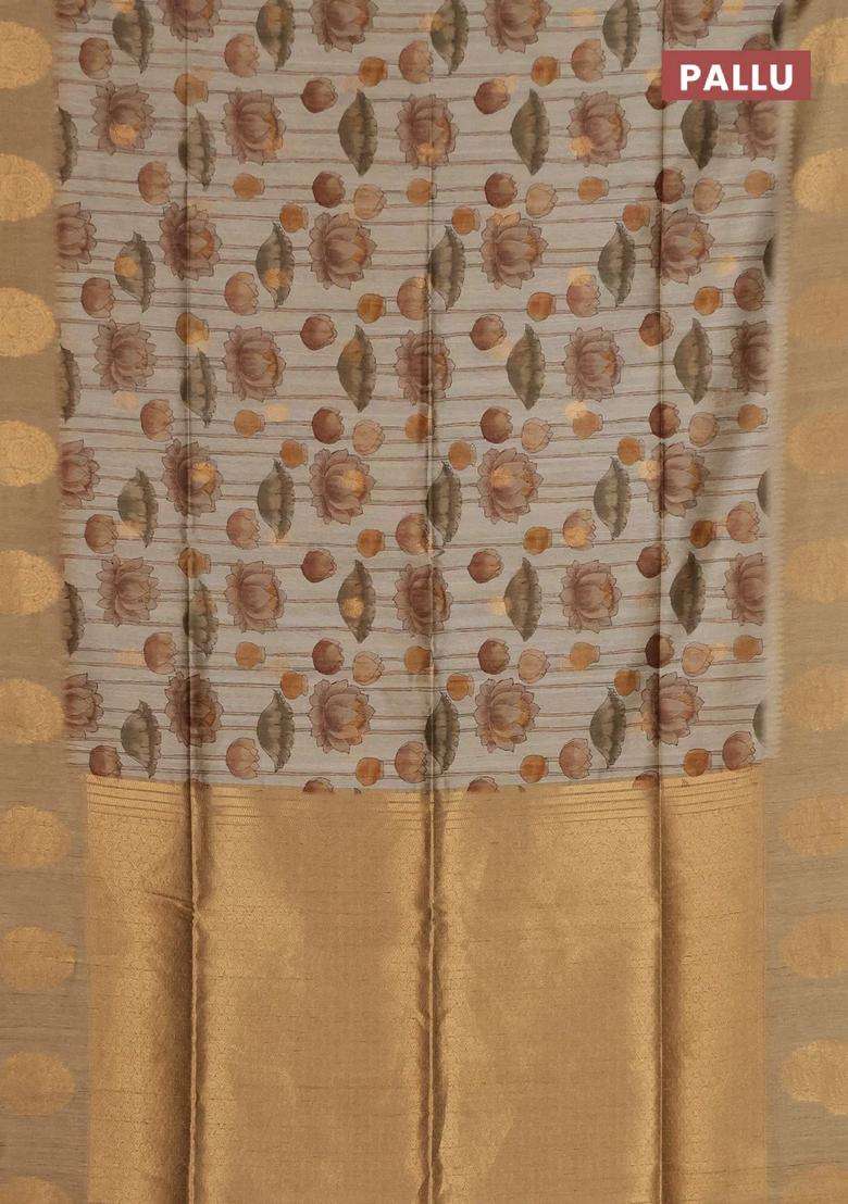 Bhagalpuri Tussar Saree Dark Beige With Allover Kalamkari Prints Zari Buttas And Zari Woven Butta Border With Printed Design For Women - Indya