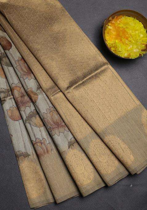 Bhagalpuri Tussar Saree Dark Beige With Allover Kalamkari Prints Zari Buttas And Zari Woven Butta Border With Printed Design For Women