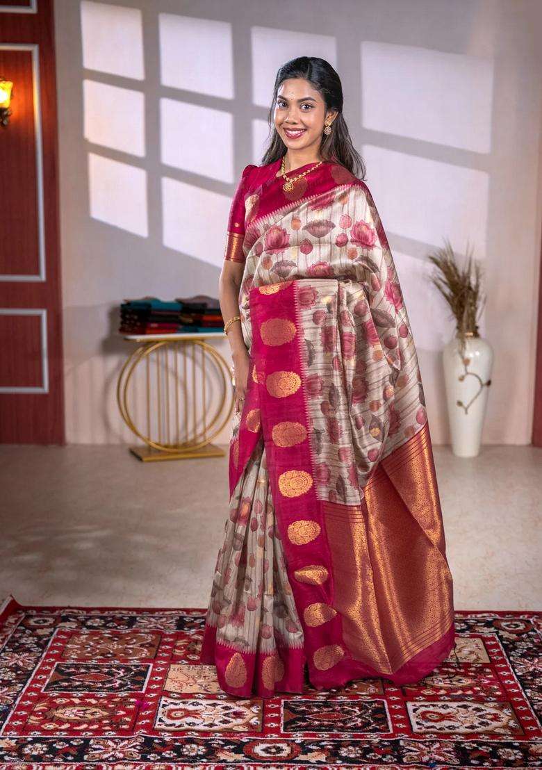 Bhagalpuri Tussar Saree Beige And Maroon With Allover Kalamkari Prints Zari Buttas And Zari Woven Butta Border With Printed Design For Women - Indya