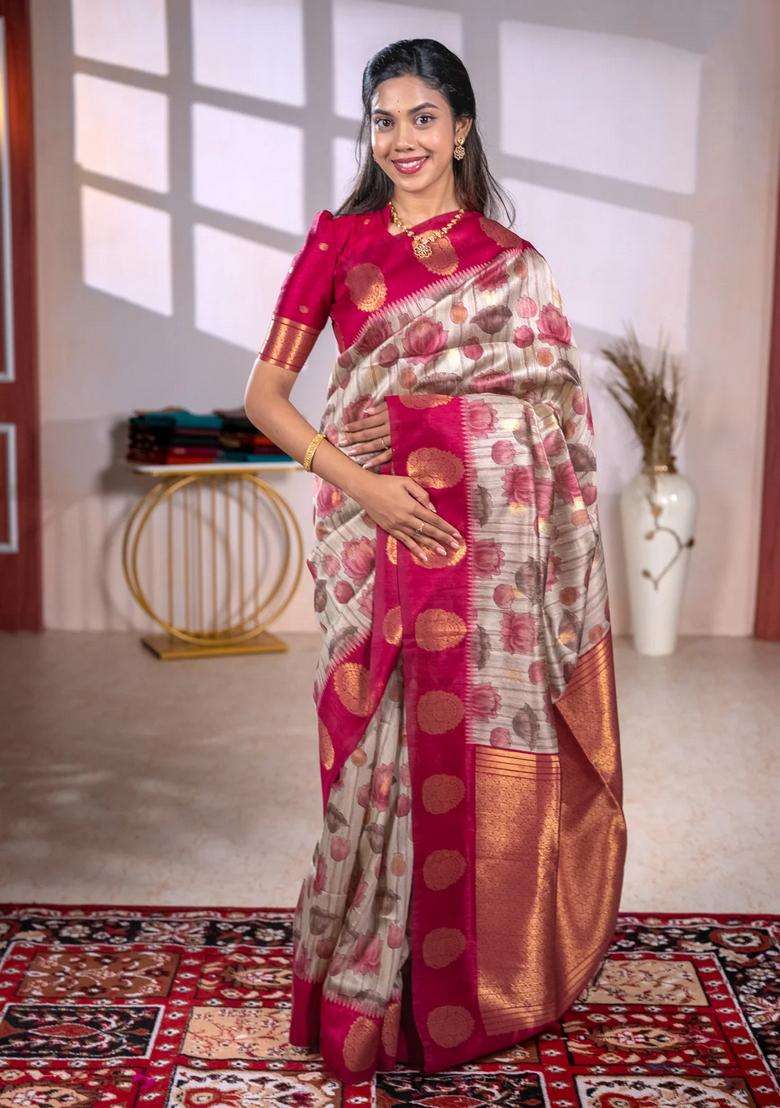 Bhagalpuri Tussar Saree Beige And Maroon With Allover Kalamkari Prints Zari Buttas And Zari Woven Butta Border With Printed Design For Women - Indya