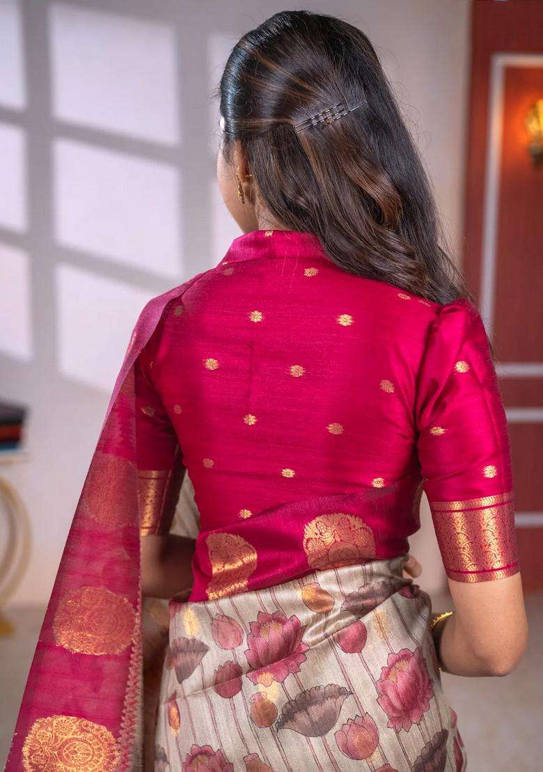 Bhagalpuri Tussar Saree Beige And Maroon With Allover Kalamkari Prints Zari Buttas And Zari Woven Butta Border With Printed Design For Women - Indya