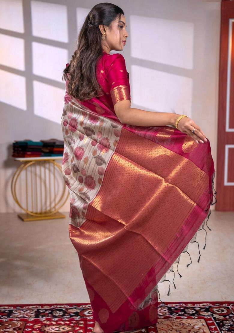 Bhagalpuri Tussar Saree Beige And Maroon With Allover Kalamkari Prints Zari Buttas And Zari Woven Butta Border With Printed Design For Women - Indya