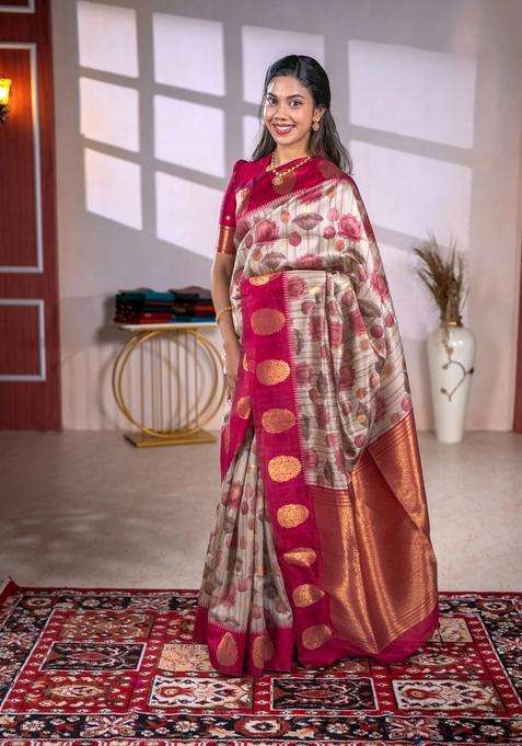 Bhagalpuri Tussar Saree Beige And Maroon With Allover Kalamkari Prints Zari Buttas And Zari Woven Butta Border With Printed Design For Women
