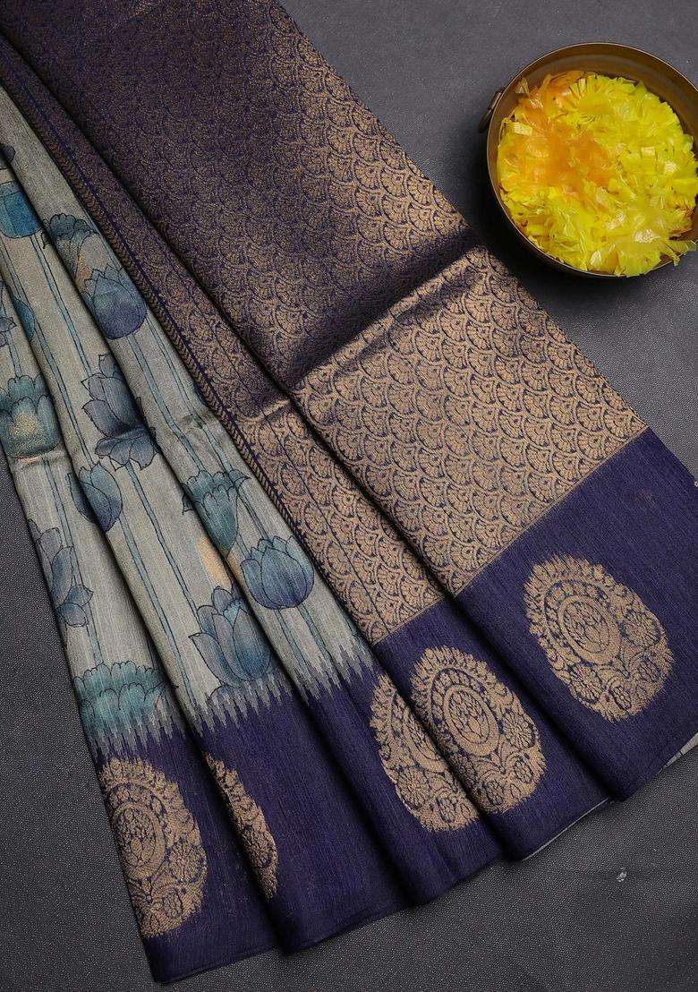 Bhagalpuri Tussar Saree Beige And Navy Blue With Allover Kalamkari Prints Zari Buttas And Zari Woven Butta Border With Printed Design For Women - Indya