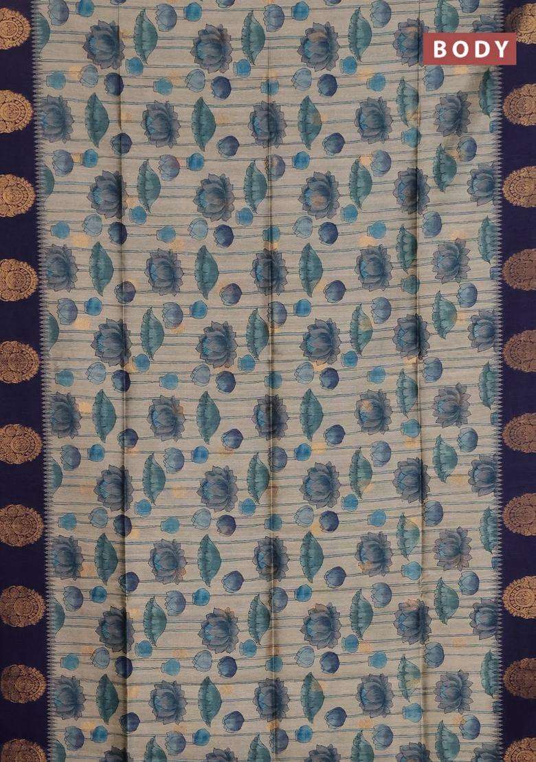 Bhagalpuri Tussar Saree Beige And Navy Blue With Allover Kalamkari Prints Zari Buttas And Zari Woven Butta Border With Printed Design For Women - Indya
