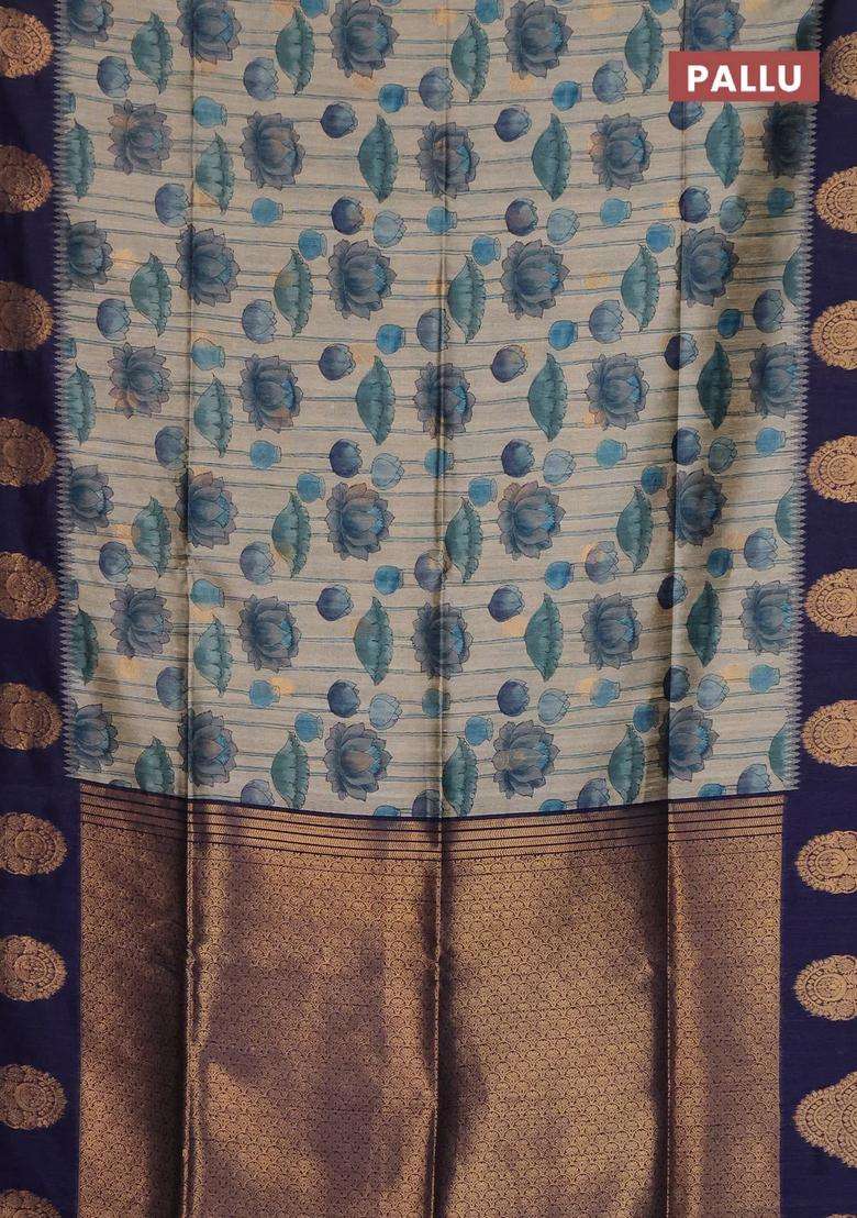 Bhagalpuri Tussar Saree Beige And Navy Blue With Allover Kalamkari Prints Zari Buttas And Zari Woven Butta Border With Printed Design For Women - Indya
