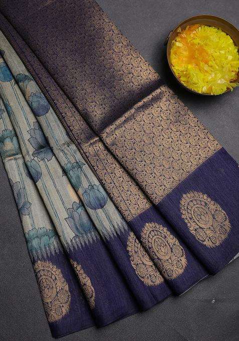 Bhagalpuri Tussar Saree Beige And Navy Blue With Allover Kalamkari Prints Zari Buttas And Zari Woven Butta Border With Printed Design For Women