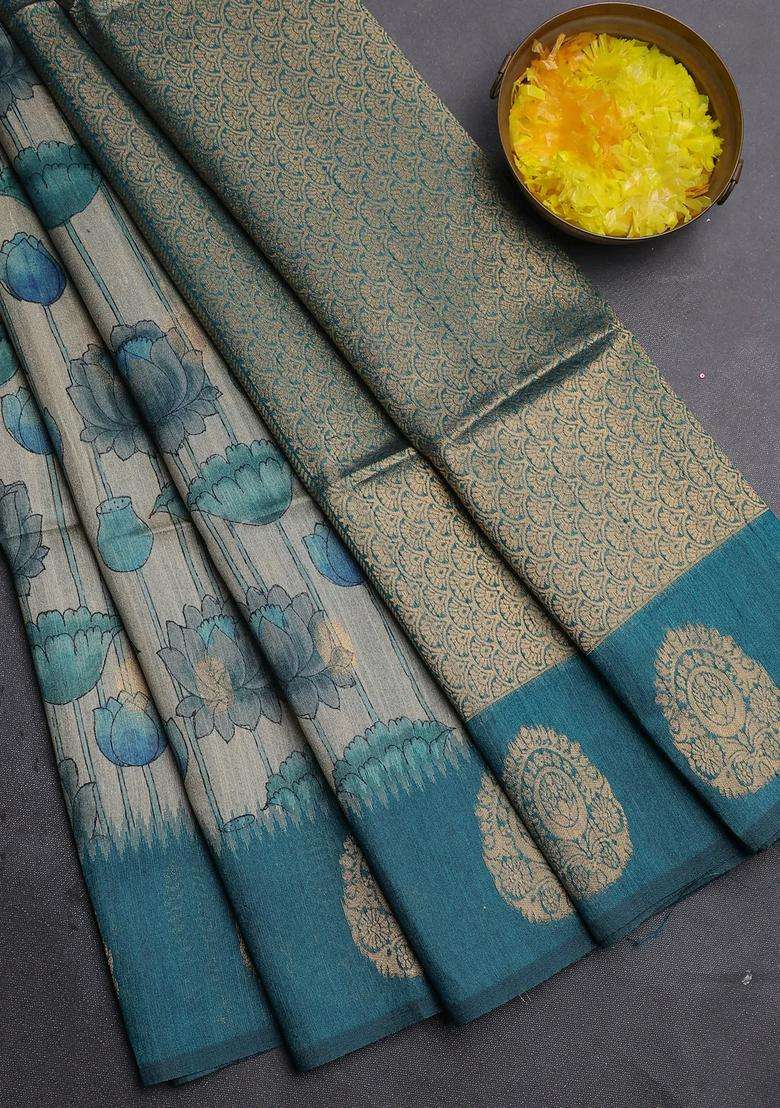 Bhagalpuri Tussar Saree Beige And Peacock Green With Allover Kalamkari Prints Zari Buttas And Zari Woven Butta Border With Printed Design For Women - Indya