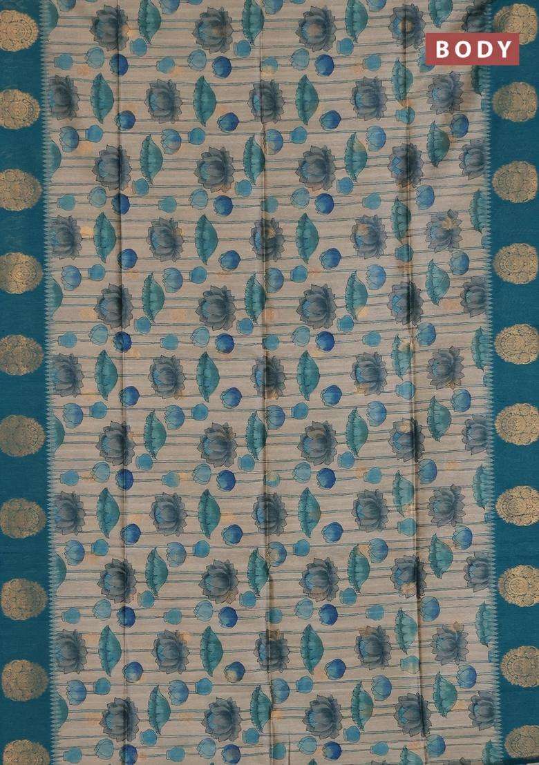 Bhagalpuri Tussar Saree Beige And Peacock Green With Allover Kalamkari Prints Zari Buttas And Zari Woven Butta Border With Printed Design For Women - Indya