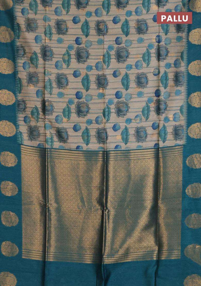 Bhagalpuri Tussar Saree Beige And Peacock Green With Allover Kalamkari Prints Zari Buttas And Zari Woven Butta Border With Printed Design For Women - Indya