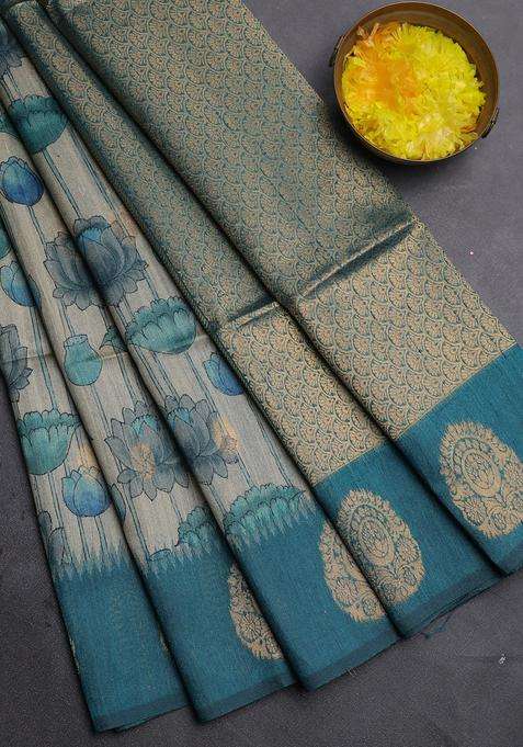 Bhagalpuri Tussar Saree Beige And Peacock Green With Allover Kalamkari Prints Zari Buttas And Zari Woven Butta Border With Printed Design For Women