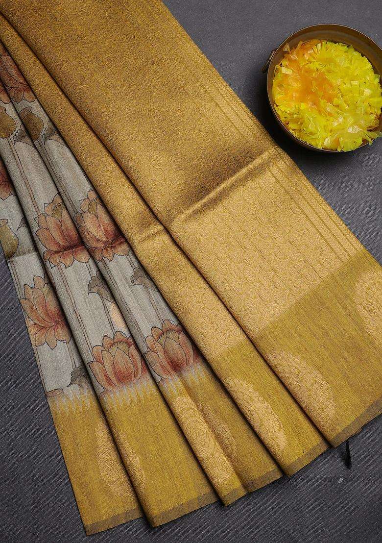 Bhagalpuri Tussar Saree Beige And Mustard Yellow With Allover Kalamkari Prints Zari Buttas And Zari Woven Butta Border With Printed Design For Women - Indya