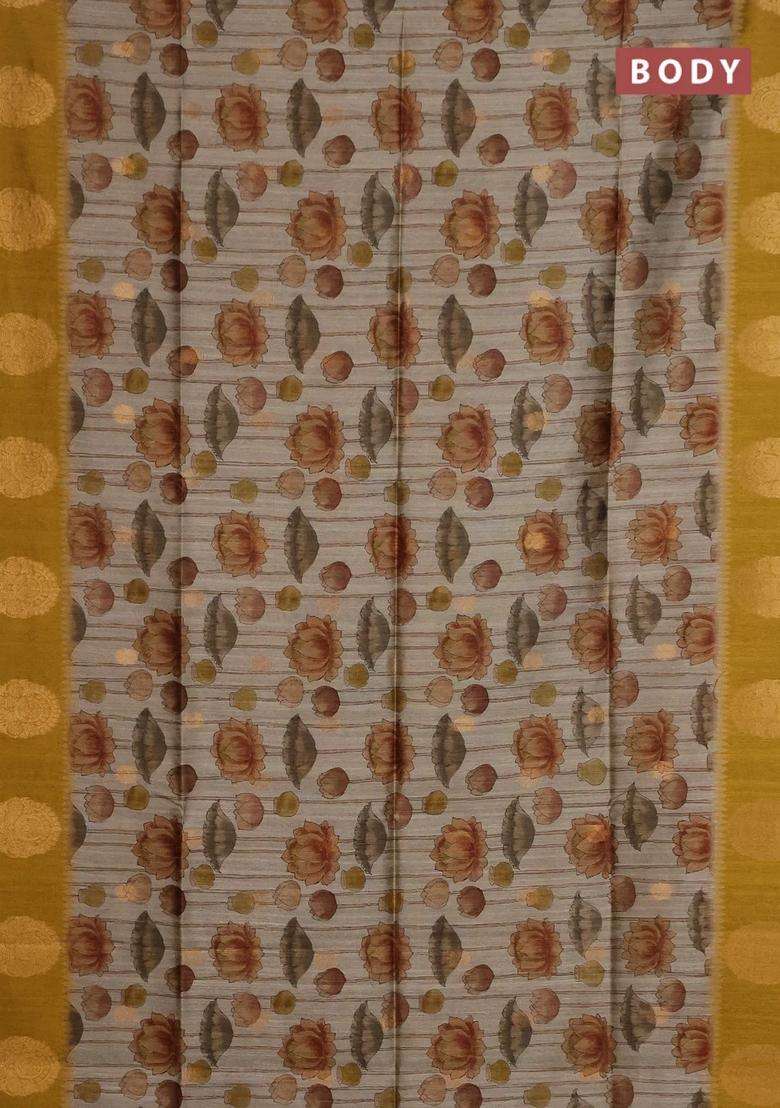 Bhagalpuri Tussar Saree Beige And Mustard Yellow With Allover Kalamkari Prints Zari Buttas And Zari Woven Butta Border With Printed Design For Women - Indya