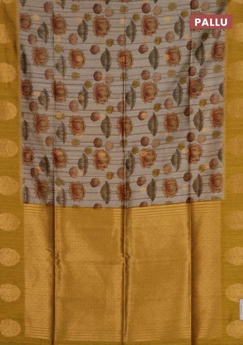 Bhagalpuri Tussar Saree Beige And Mustard Yellow With Allover Kalamkari Prints Zari Buttas And Zari Woven Butta Border With Printed Design For Women - Indya