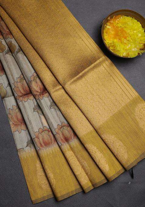 Bhagalpuri Tussar Saree Beige And Mustard Yellow With Allover Kalamkari Prints Zari Buttas And Zari Woven Butta Border With Printed Design For Women