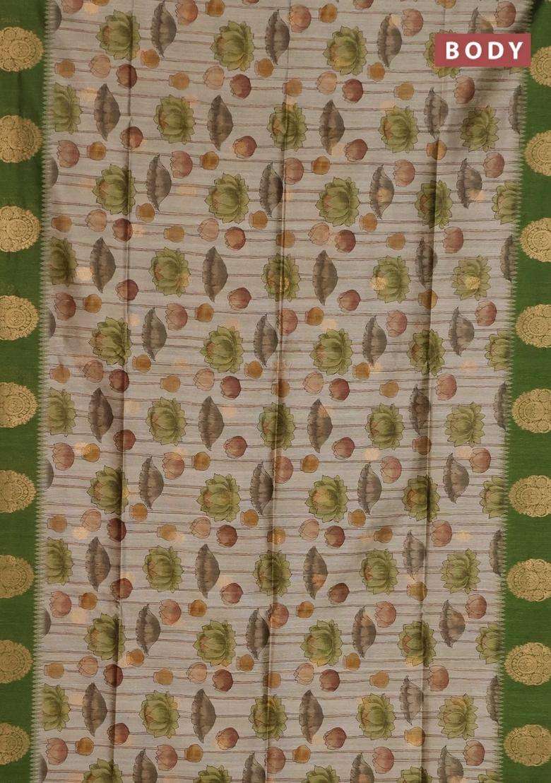 Bhagalpuri Tussar Saree Beige And Mehendi Green With Allover Kalamkari Prints Zari Buttas And Zari Woven Butta Border With Printed Design For Women - Indya