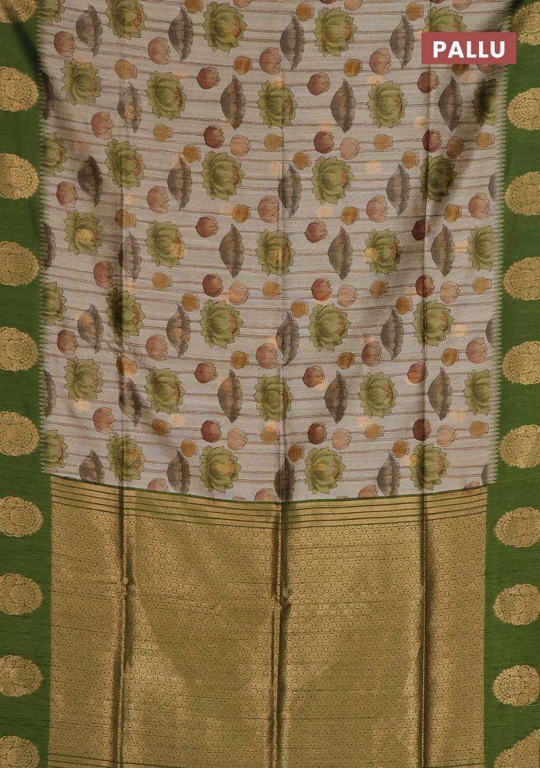 Bhagalpuri Tussar Saree Beige And Mehendi Green With Allover Kalamkari Prints Zari Buttas And Zari Woven Butta Border With Printed Design For Women - Indya