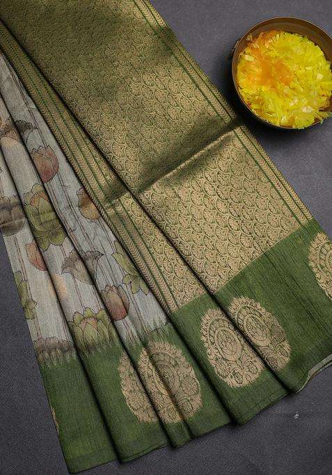 Bhagalpuri Tussar Saree Beige And Mehendi Green With Allover Kalamkari Prints Zari Buttas And Zari Woven Butta Border With Printed Design For Women