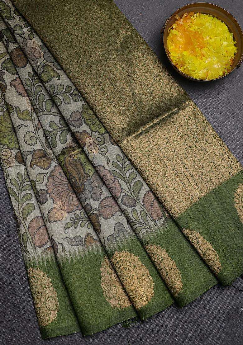 Bhagalpuri Tussar Saree Mehendi Green With Allover Kalamkari Prints Zari Buttas And Zari Woven Butta Border With Printed Design For Women - Indya