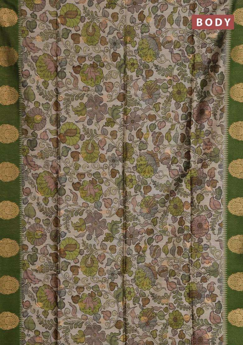 Bhagalpuri Tussar Saree Mehendi Green With Allover Kalamkari Prints Zari Buttas And Zari Woven Butta Border With Printed Design For Women - Indya