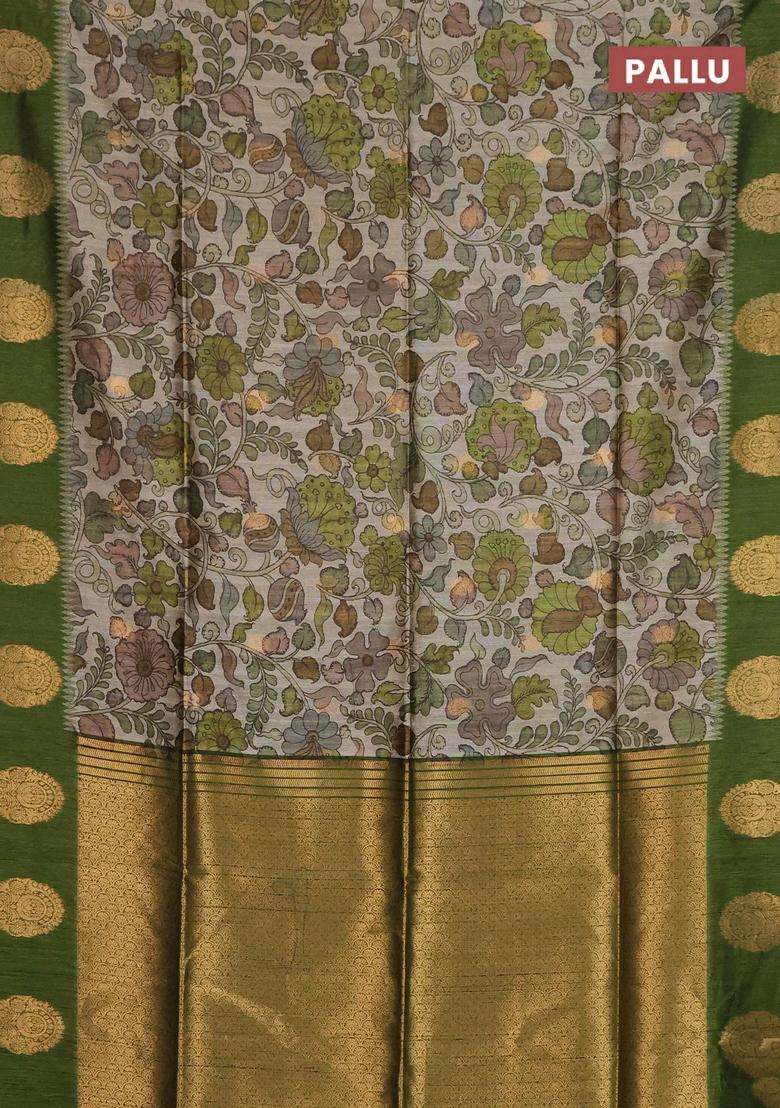 Bhagalpuri Tussar Saree Mehendi Green With Allover Kalamkari Prints Zari Buttas And Zari Woven Butta Border With Printed Design For Women - Indya