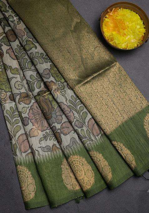 Bhagalpuri Tussar Saree Mehendi Green With Allover Kalamkari Prints Zari Buttas And Zari Woven Butta Border With Printed Design For Women