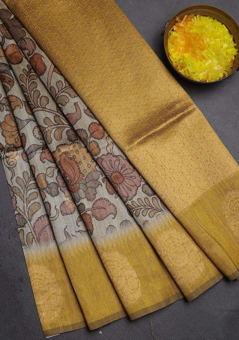Bhagalpuri Tussar Saree Mustard Yellow With Allover Kalamkari Prints Zari Buttas And Zari Woven Butta Border With Printed Design For Women - Indya