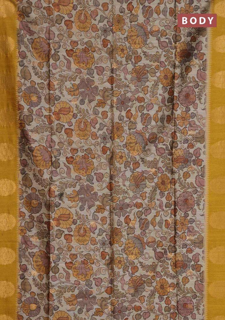 Bhagalpuri Tussar Saree Mustard Yellow With Allover Kalamkari Prints Zari Buttas And Zari Woven Butta Border With Printed Design For Women - Indya
