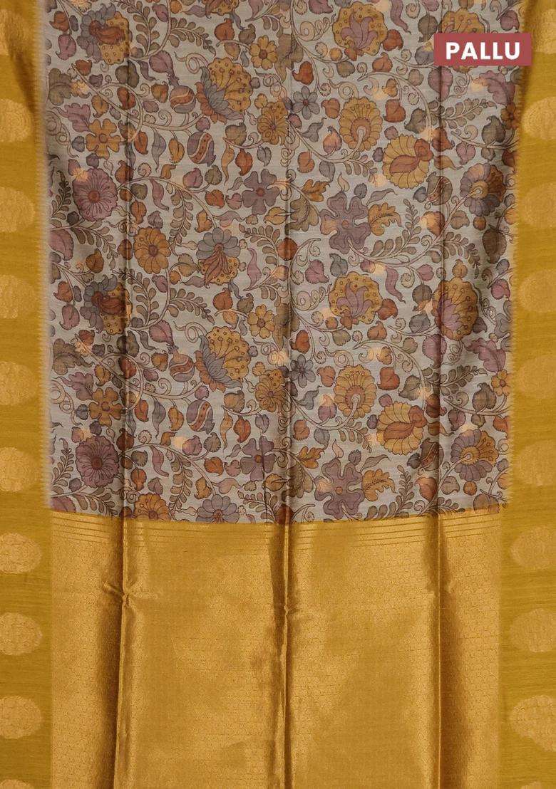 Bhagalpuri Tussar Saree Mustard Yellow With Allover Kalamkari Prints Zari Buttas And Zari Woven Butta Border With Printed Design For Women - Indya
