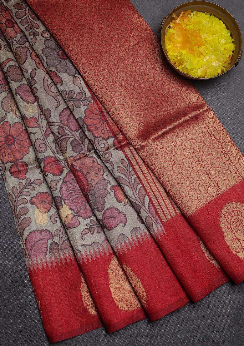 Bhagalpuri Tussar Saree Maroon With Allover Kalamkari Prints Zari Buttas And Zari Woven Butta Border With Printed Design For Women - Indya