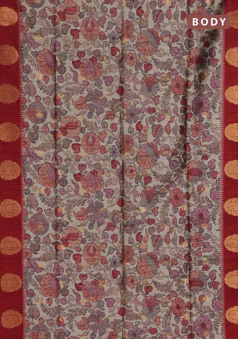 Bhagalpuri Tussar Saree Maroon With Allover Kalamkari Prints Zari Buttas And Zari Woven Butta Border With Printed Design For Women - Indya