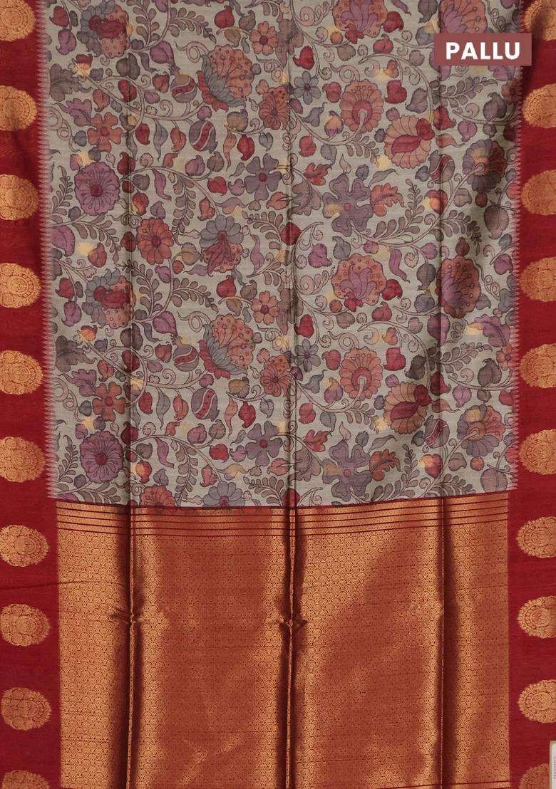 Bhagalpuri Tussar Saree Maroon With Allover Kalamkari Prints Zari Buttas And Zari Woven Butta Border With Printed Design For Women - Indya