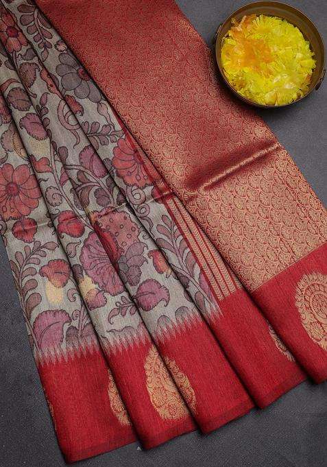 Bhagalpuri Tussar Saree Maroon With Allover Kalamkari Prints Zari Buttas And Zari Woven Butta Border With Printed Design For Women