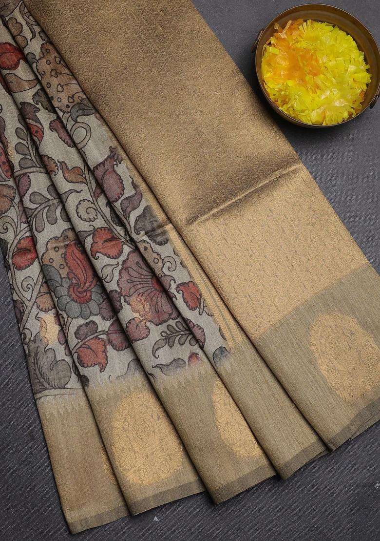 Bhagalpuri Tussar Saree Dark Beige With Allover Kalamkari Prints Zari Buttas And Zari Woven Butta Border With Printed Design For Women - Indya