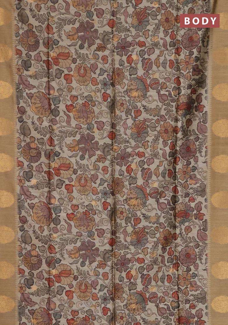 Bhagalpuri Tussar Saree Dark Beige With Allover Kalamkari Prints Zari Buttas And Zari Woven Butta Border With Printed Design For Women - Indya
