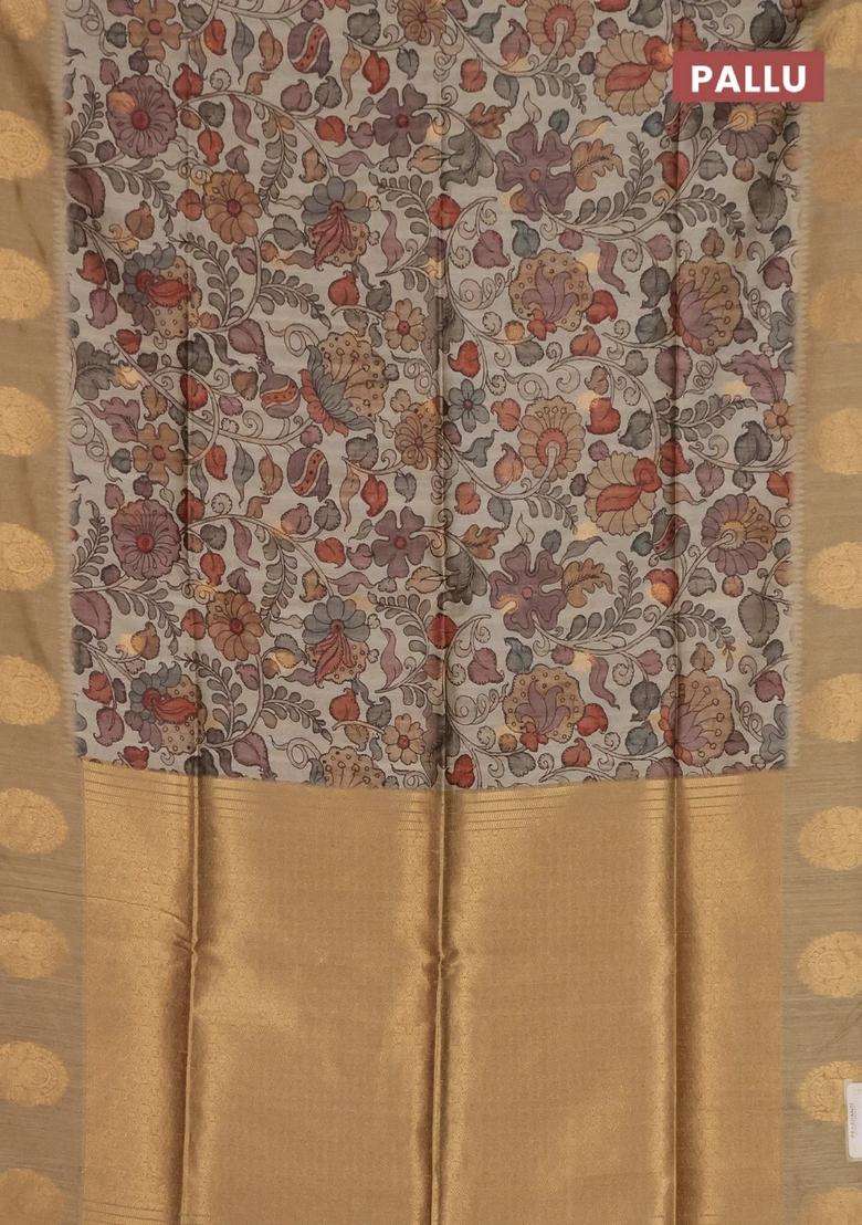 Bhagalpuri Tussar Saree Dark Beige With Allover Kalamkari Prints Zari Buttas And Zari Woven Butta Border With Printed Design For Women - Indya