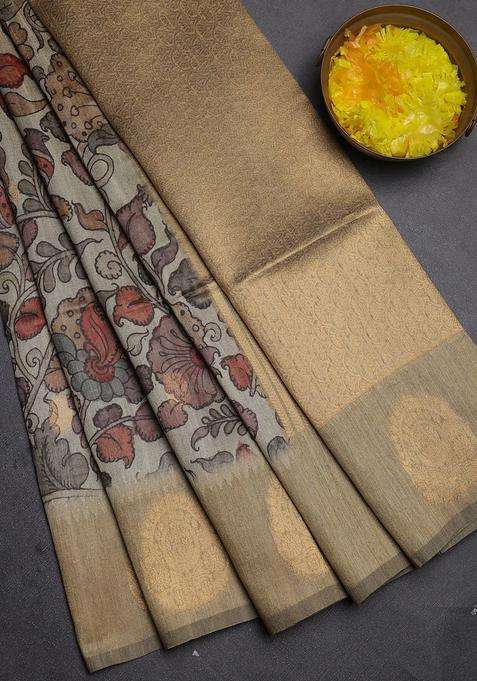 Bhagalpuri Tussar Saree Dark Beige With Allover Kalamkari Prints Zari Buttas And Zari Woven Butta Border With Printed Design For Women