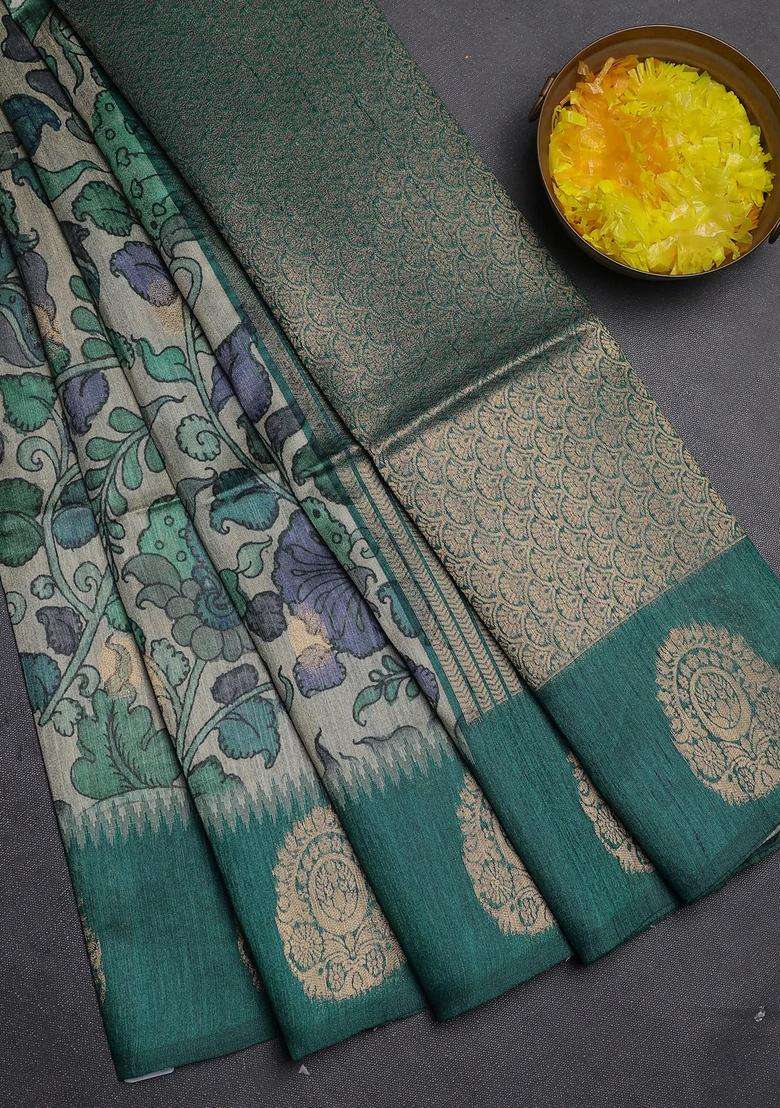 Bhagalpuri Tussar Saree Peacock Green With Allover Kalamkari Prints Zari Buttas And Zari Woven Butta Border With Printed Design For Women - Indya