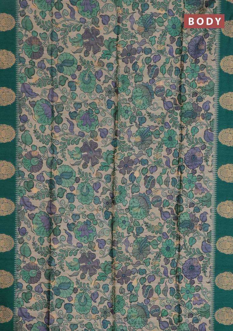 Bhagalpuri Tussar Saree Peacock Green With Allover Kalamkari Prints Zari Buttas And Zari Woven Butta Border With Printed Design For Women - Indya