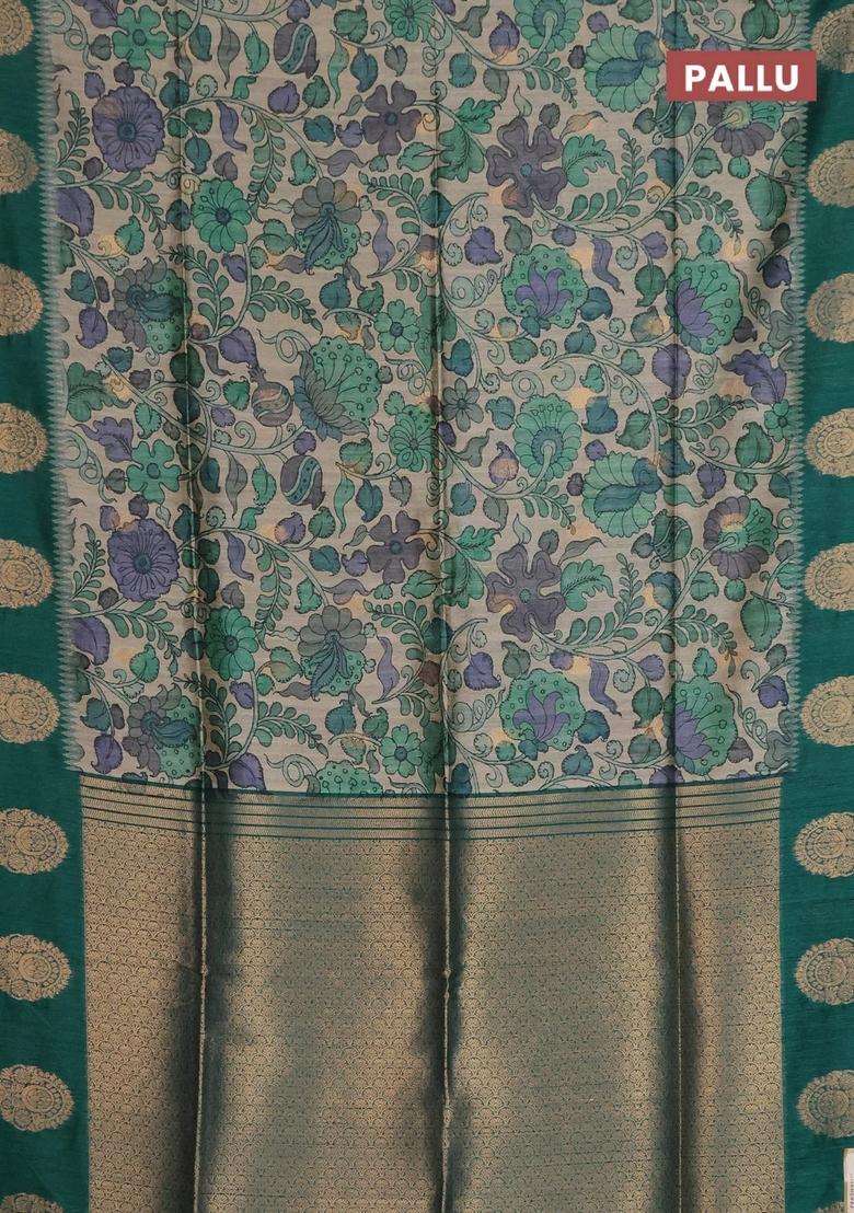 Bhagalpuri Tussar Saree Peacock Green With Allover Kalamkari Prints Zari Buttas And Zari Woven Butta Border With Printed Design For Women - Indya