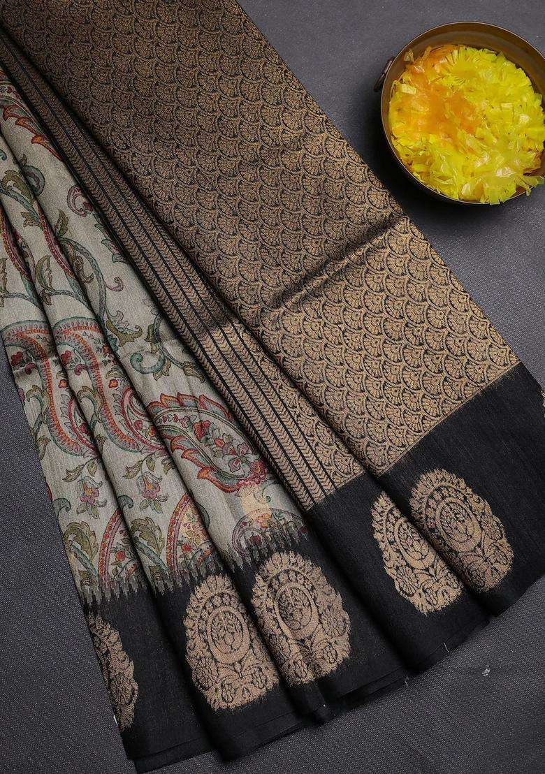 Bhagalpuri Tussar Saree Beige And Black With Allover Kalamkari Prints Zari Buttas And Zari Woven Butta Border With Printed Design For Women - Indya