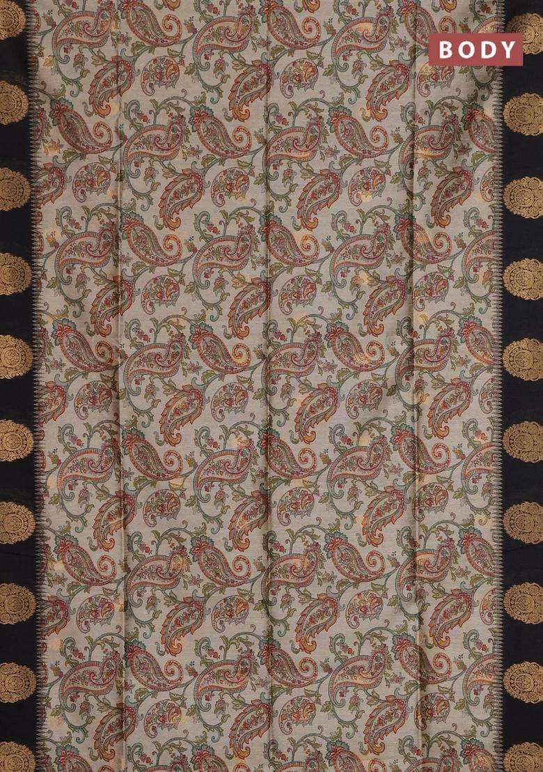 Bhagalpuri Tussar Saree Beige And Black With Allover Kalamkari Prints Zari Buttas And Zari Woven Butta Border With Printed Design For Women - Indya