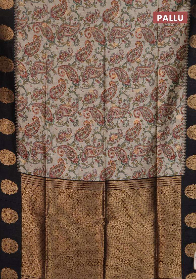 Bhagalpuri Tussar Saree Beige And Black With Allover Kalamkari Prints Zari Buttas And Zari Woven Butta Border With Printed Design For Women - Indya