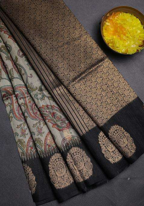 Bhagalpuri Tussar Saree Beige And Black With Allover Kalamkari Prints Zari Buttas And Zari Woven Butta Border With Printed Design For Women
