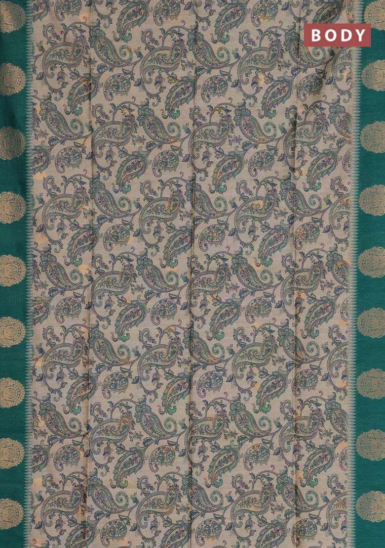 Bhagalpuri Tussar Saree Beige And Peacock Green With Allover Kalamkari Prints Zari Buttas And Zari Woven Butta Border With Printed Design For Women - Indya