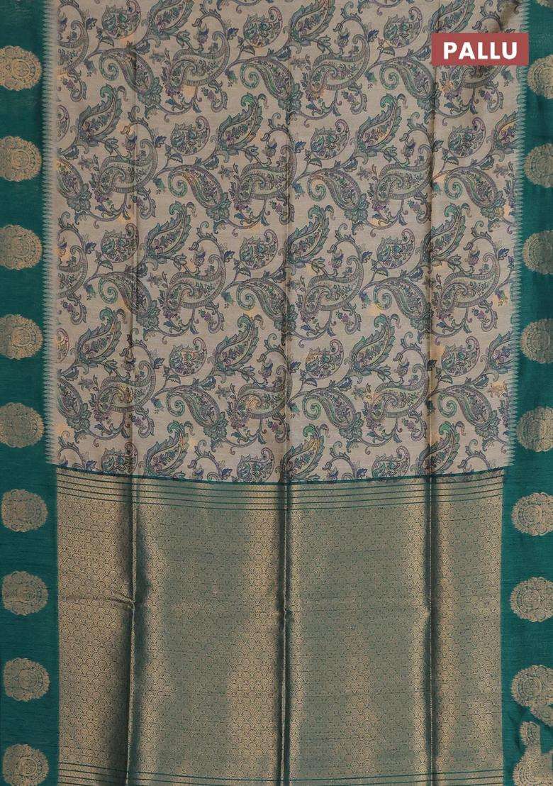 Bhagalpuri Tussar Saree Beige And Peacock Green With Allover Kalamkari Prints Zari Buttas And Zari Woven Butta Border With Printed Design For Women - Indya