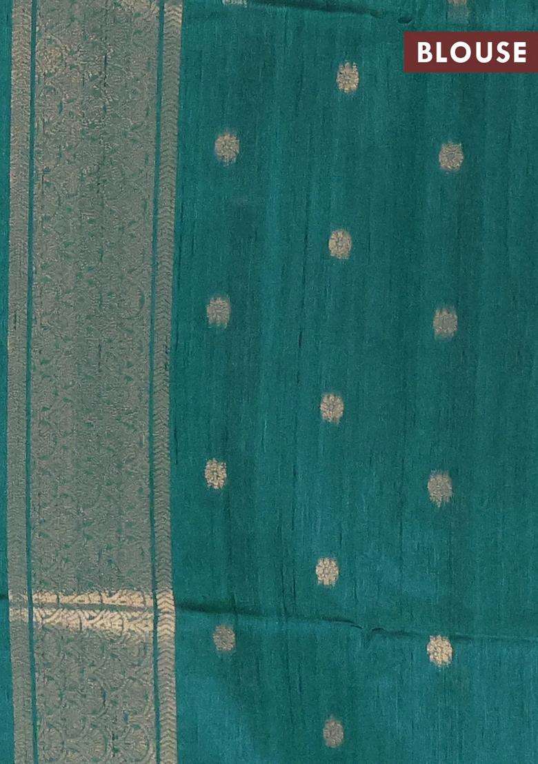 Bhagalpuri Tussar Saree Beige And Peacock Green With Allover Kalamkari Prints Zari Buttas And Zari Woven Butta Border With Printed Design For Women - Indya