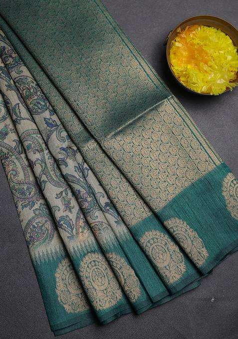 Bhagalpuri Tussar Saree Beige And Peacock Green With Allover Kalamkari Prints Zari Buttas And Zari Woven Butta Border With Printed Design For Women