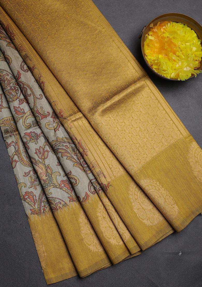 Bhagalpuri Tussar Saree Beige And Mustard Yellow With Allover Kalamkari Prints Zari Buttas And Zari Woven Butta Border With Printed Design For Women - Indya